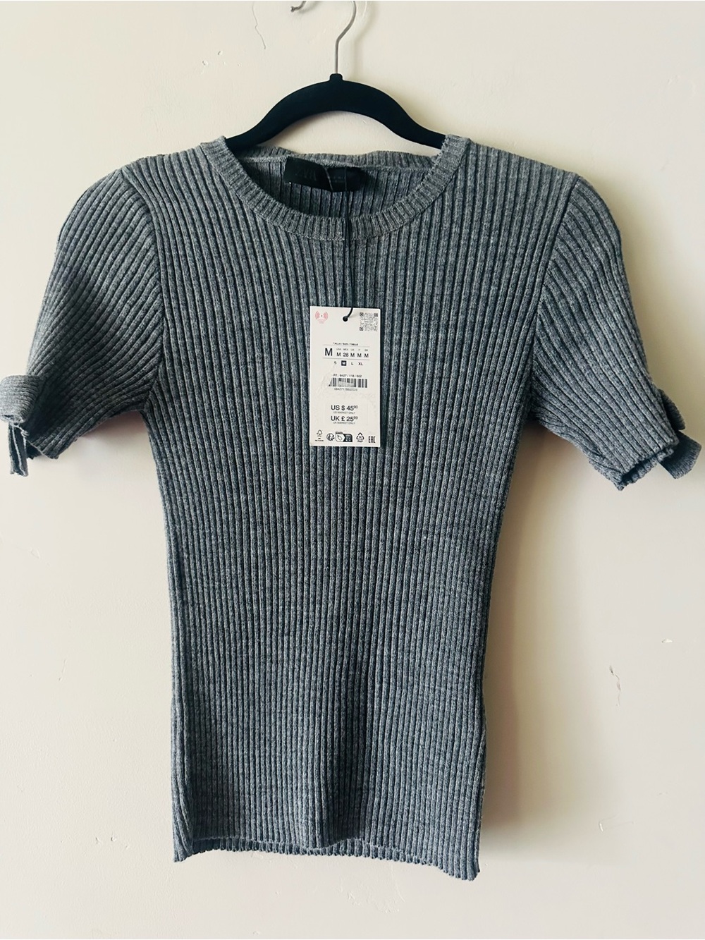 Zara Gray Ribbed Short-Sleeve Crewneck Sweater